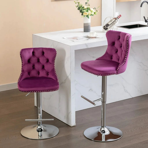 Purple Velvet Swivel Barstools with Adjustable Height and Chrome Base, Set of 2 Default -DTYStore