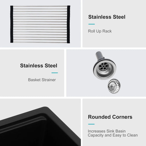 Quartz Kitchen Sink - 28' x 19' Black Granite Composite Workstation Undermount Default -DTYStore