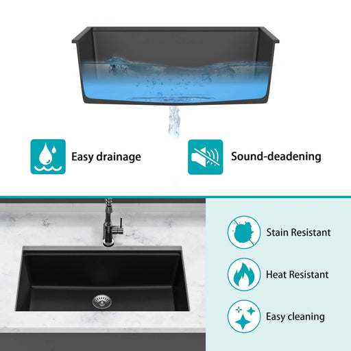 Quartz Kitchen Sink - 28' x 19' Black Granite Composite Workstation Undermount Default -DTYStore