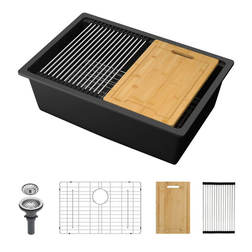 Quartz Kitchen Sink - 28' x 19' Black Granite Composite Workstation Undermount Default -DTYStore