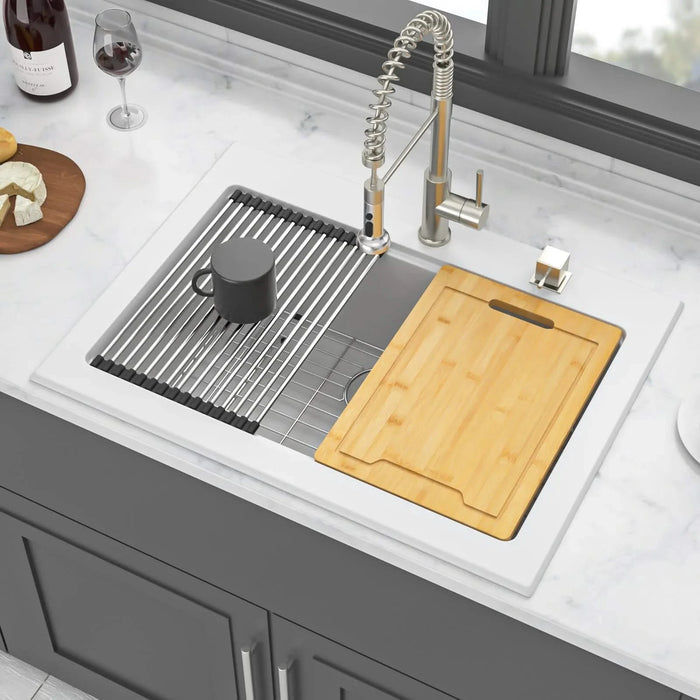 Quartz Kitchen Sink - 30' x 22' White Granite Composite Workstation Drop-in Sink Default -DTYStore