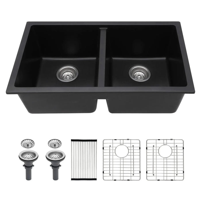 Quartz Kitchen Sink - 33' x 19' Black Granite Composite Double Bowl Undermount Sink Default -DTYStore