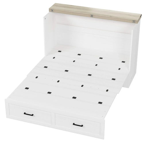 Queen Size Farmhouse Murphy Cabinet Bed with Charging Station, Foldable Platform Bed with Large Storage Drawer for Guest-Room, Small Bedroom, White Default -DTYStore