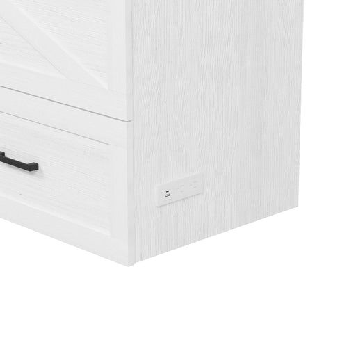 Queen Size Farmhouse Murphy Cabinet Bed with Charging Station, Foldable Platform Bed with Large Storage Drawer for Guest-Room, Small Bedroom, White Default -DTYStore
