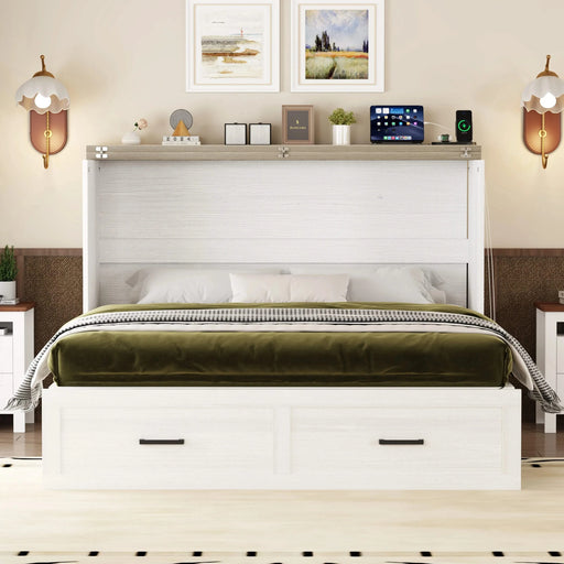 Queen Size Farmhouse Murphy Cabinet Bed with Charging Station, Foldable Platform Bed with Large Storage Drawer for Guest-Room, Small Bedroom, White Default -DTYStore