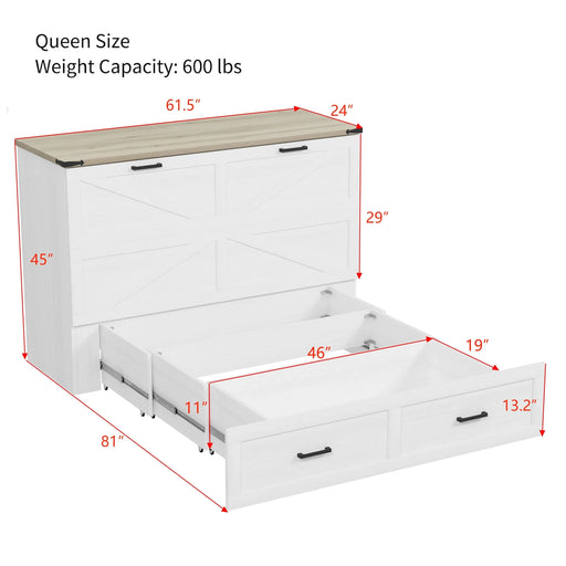 Queen Size Farmhouse Murphy Cabinet Bed with Charging Station, Foldable Platform Bed with Large Storage Drawer for Guest-Room, Small Bedroom, White Default -DTYStore
