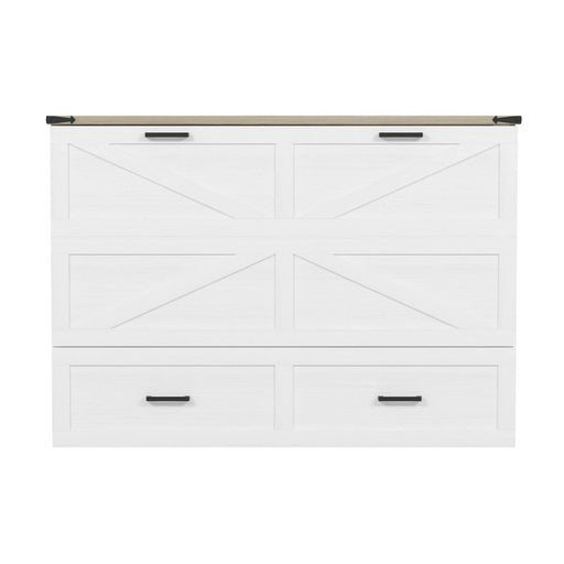 Queen Size Farmhouse Murphy Cabinet Bed with Charging Station, Foldable Platform Bed with Large Storage Drawer for Guest-Room, Small Bedroom, White Default -DTYStore