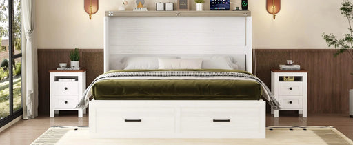 Queen Size Farmhouse Murphy Cabinet Bed with Charging Station, Foldable Platform Bed with Large Storage Drawer for Guest-Room, Small Bedroom, White Default -DTYStore