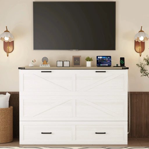 Queen Size Farmhouse Murphy Cabinet Bed with Charging Station, Foldable Platform Bed with Large Storage Drawer for Guest-Room, Small Bedroom, White Default -DTYStore