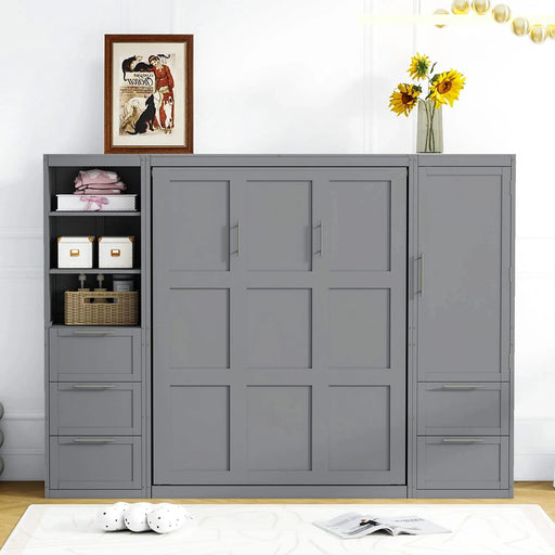 Queen Size Murphy Bed Wall Bed with Closet ,Drawers and Shelves,Gray Default -DTYStore