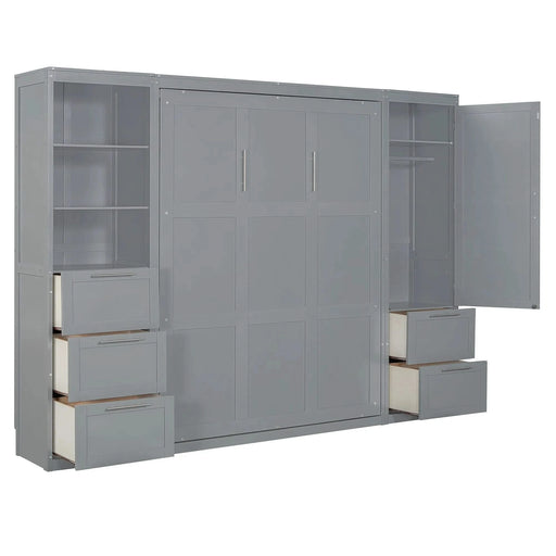 Queen Size Murphy Bed Wall Bed with Closet ,Drawers and Shelves,Gray Default -DTYStore