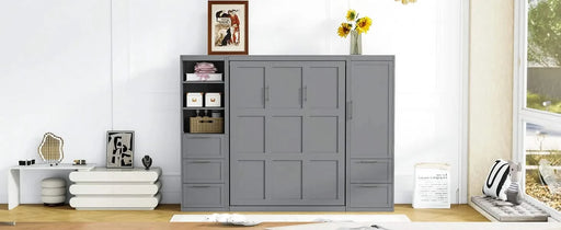 Queen Size Murphy Bed Wall Bed with Closet ,Drawers and Shelves,Gray Default -DTYStore