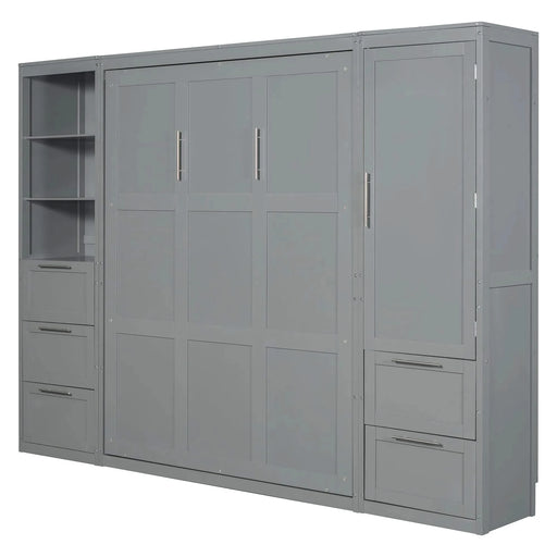 Queen Size Murphy Bed Wall Bed with Closet ,Drawers and Shelves,Gray Default -DTYStore
