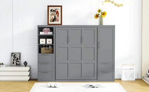 Queen Size Murphy Bed Wall Bed with Closet ,Drawers and Shelves,Gray Default -DTYStore