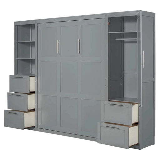 Queen Size Murphy Bed Wall Bed with Closet ,Drawers and Shelves,Gray Default -DTYStore