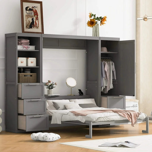 Queen Size Murphy Bed Wall Bed with Closet ,Drawers and Shelves,Gray Default -DTYStore