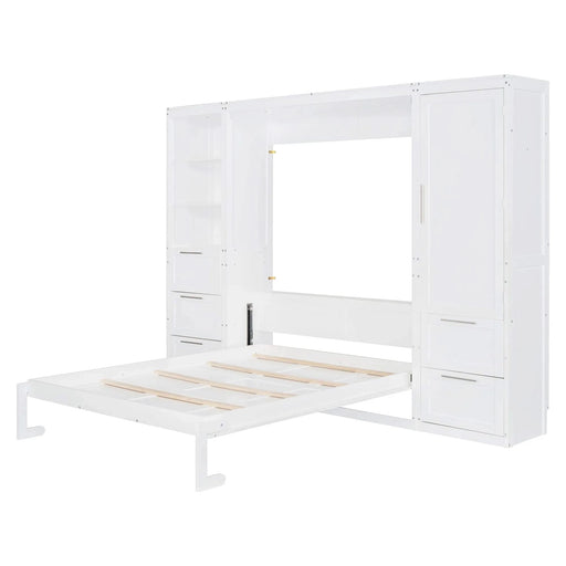 Queen Size Murphy Bed Wall Bed with Closet ,Drawers and Shelves,White Default -DTYStore