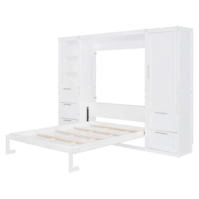 Queen Size Murphy Bed Wall Bed with Closet ,Drawers and Shelves,White Default -DTYStore