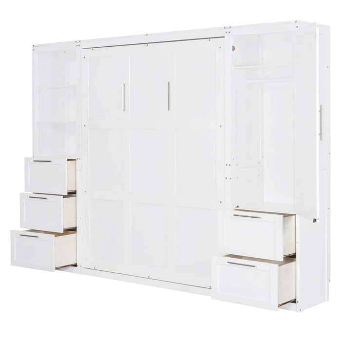 Queen Size Murphy Bed Wall Bed with Closet ,Drawers and Shelves,White Default -DTYStore