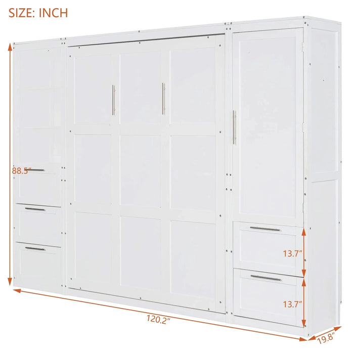 Queen Size Murphy Bed Wall Bed with Closet ,Drawers and Shelves,White Default -DTYStore