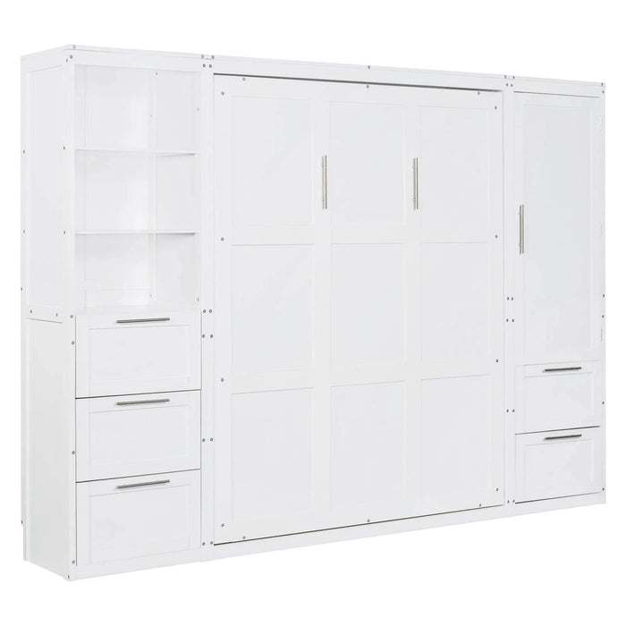 Queen Size Murphy Bed Wall Bed with Closet ,Drawers and Shelves,White Default -DTYStore