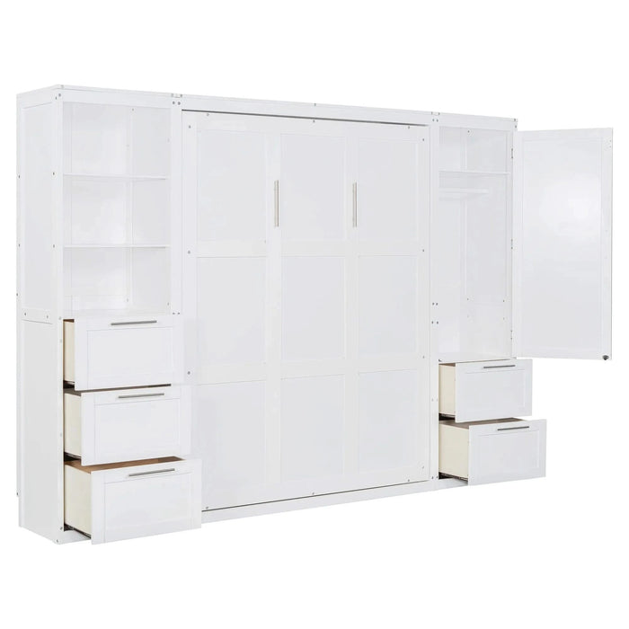 Queen Size Murphy Bed Wall Bed with Closet ,Drawers and Shelves,White Default -DTYStore