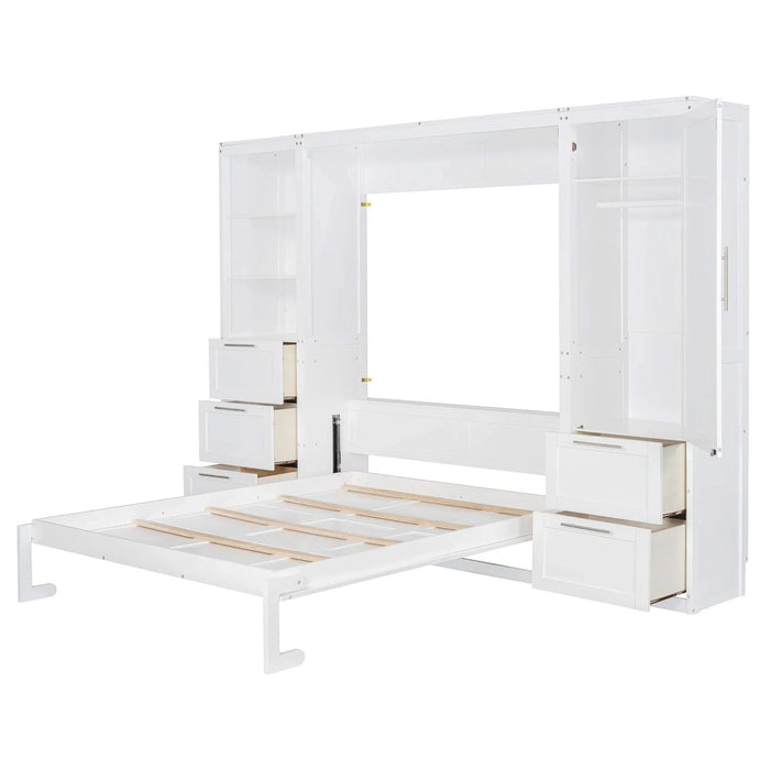 Queen Size Murphy Bed Wall Bed with Closet ,Drawers and Shelves,White Default -DTYStore