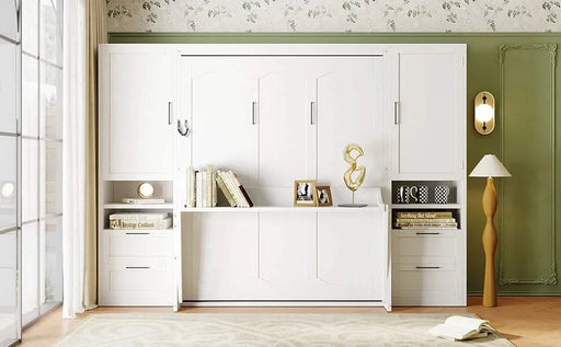Queen Size Murphy Bed Wall Bed with Closet ,Drawers and Shelves,White Default -DTYStore