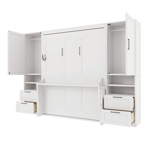 Queen Size Murphy Bed Wall Bed with Closet ,Drawers and Shelves,White Default -DTYStore