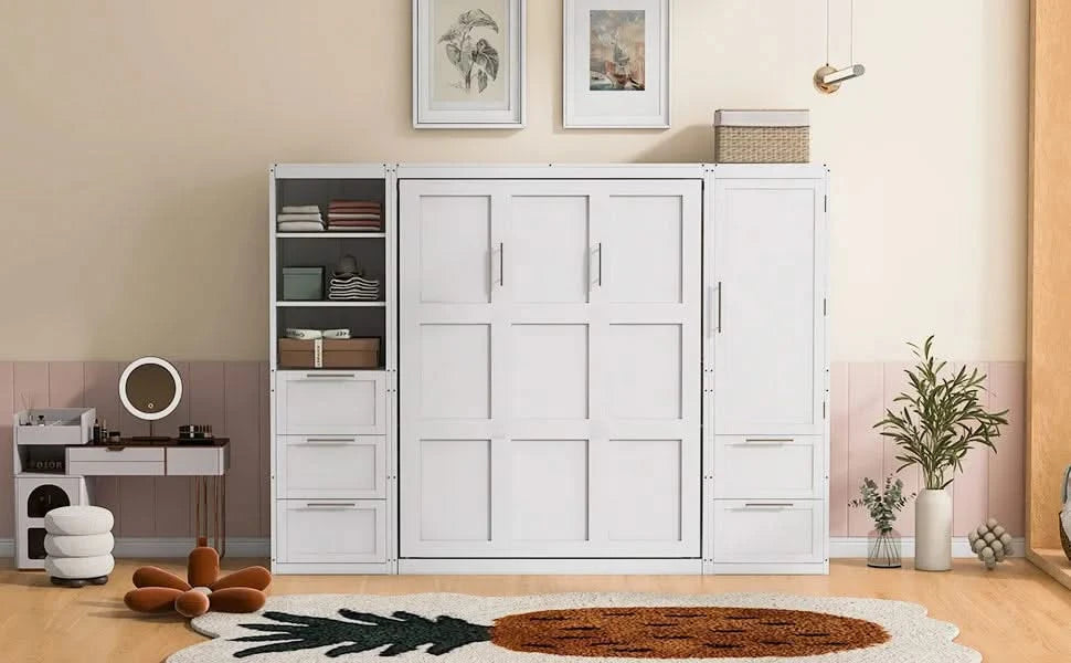 Queen Size Murphy Bed Wall Bed with Closet ,Drawers and Shelves,White Default -DTYStore
