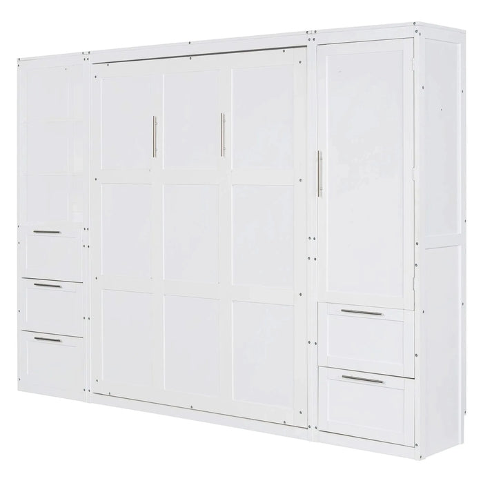 Queen Size Murphy Bed Wall Bed with Closet ,Drawers and Shelves,White Default -DTYStore