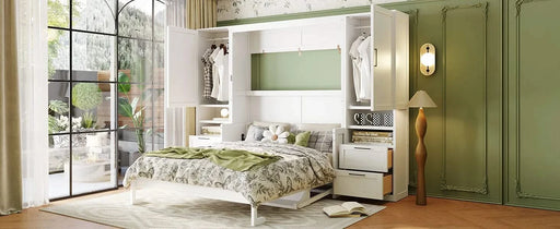 Queen Size Murphy Bed Wall Bed with Closet ,Drawers and Shelves,White Default -DTYStore