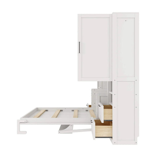 Queen Size Murphy Bed Wall Bed with Closet ,Drawers and Shelves,White Default -DTYStore