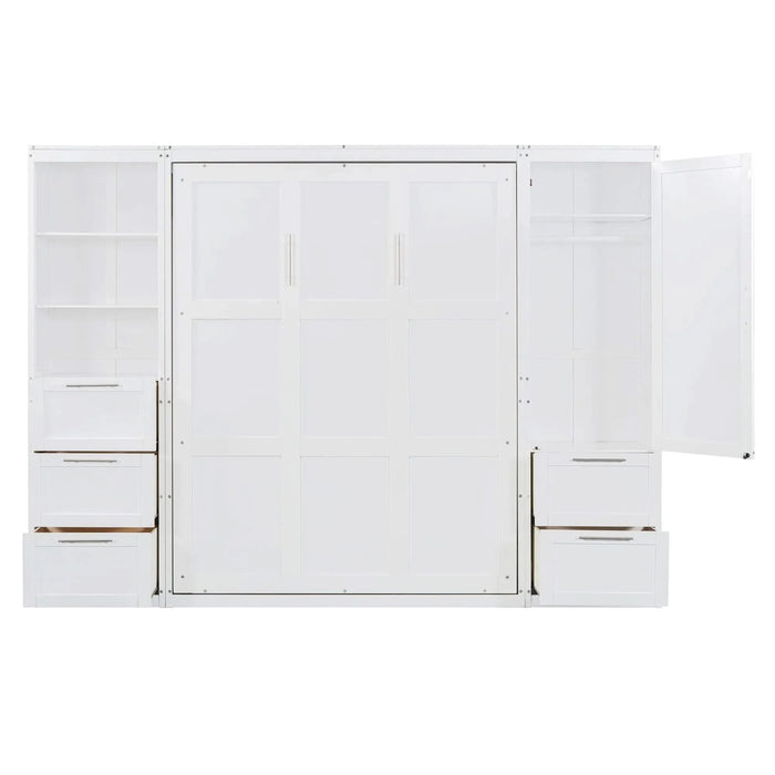 Queen Size Murphy Bed Wall Bed with Closet ,Drawers and Shelves,White Default -DTYStore