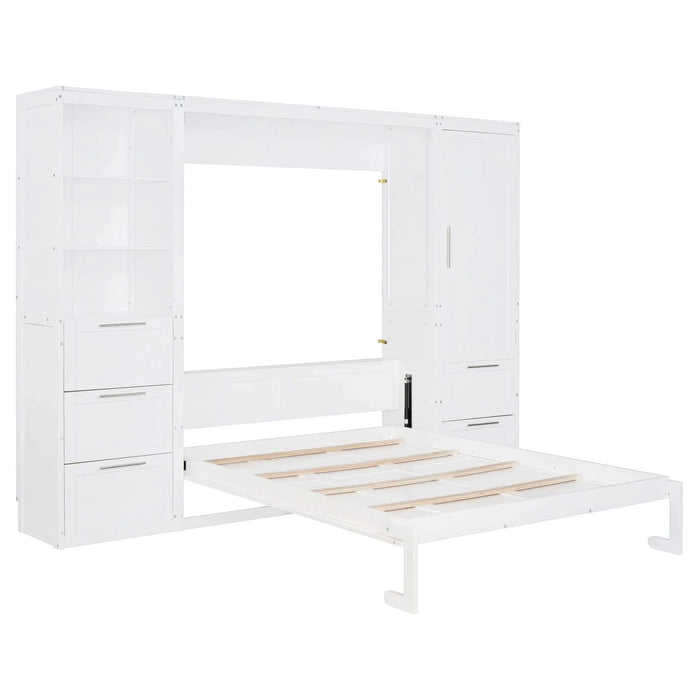 Queen Size Murphy Bed Wall Bed with Closet ,Drawers and Shelves,White Default -DTYStore
