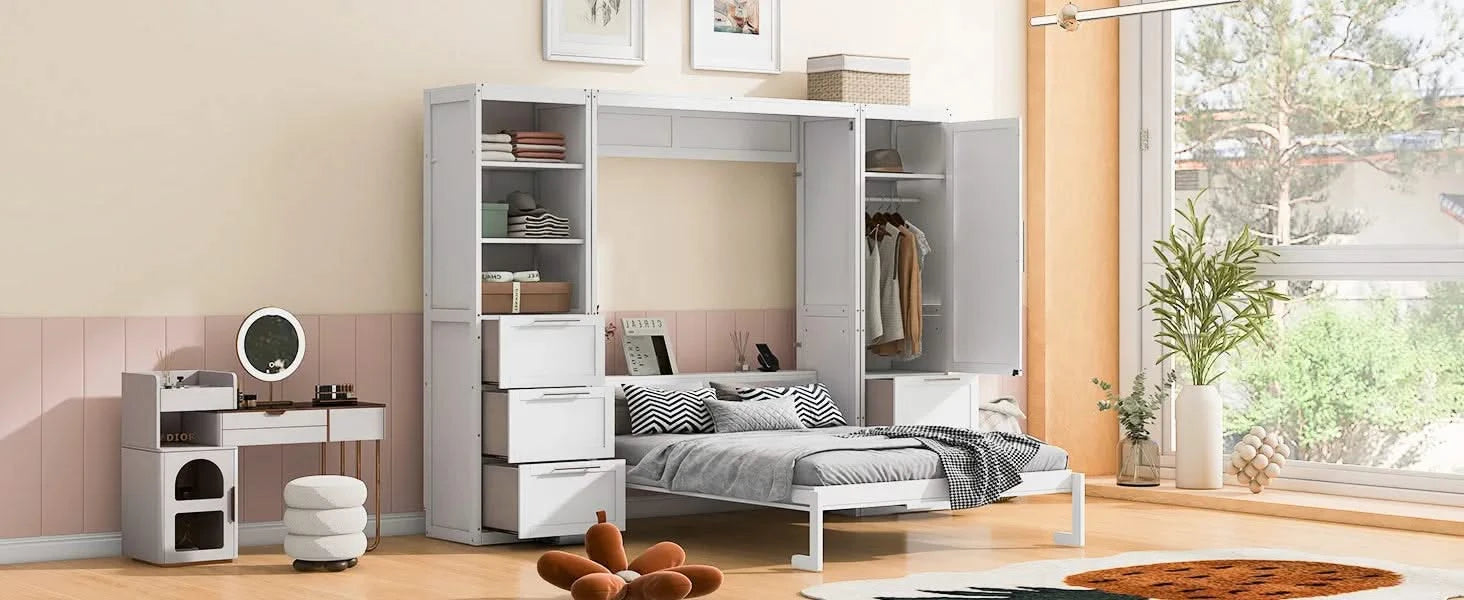 Queen Size Murphy Bed Wall Bed with Closet ,Drawers and Shelves,White Default -DTYStore