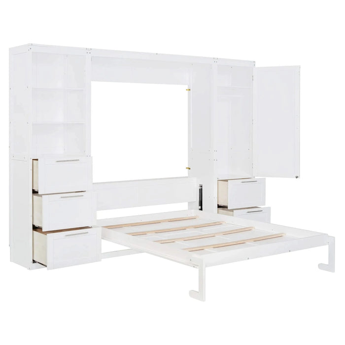 Queen Size Murphy Bed Wall Bed with Closet ,Drawers and Shelves,White Default -DTYStore
