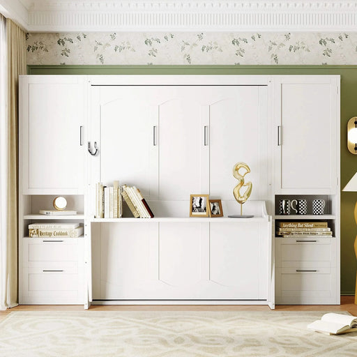 Queen Size Murphy Bed Wall Bed with Closet ,Drawers and Shelves,White Default -DTYStore