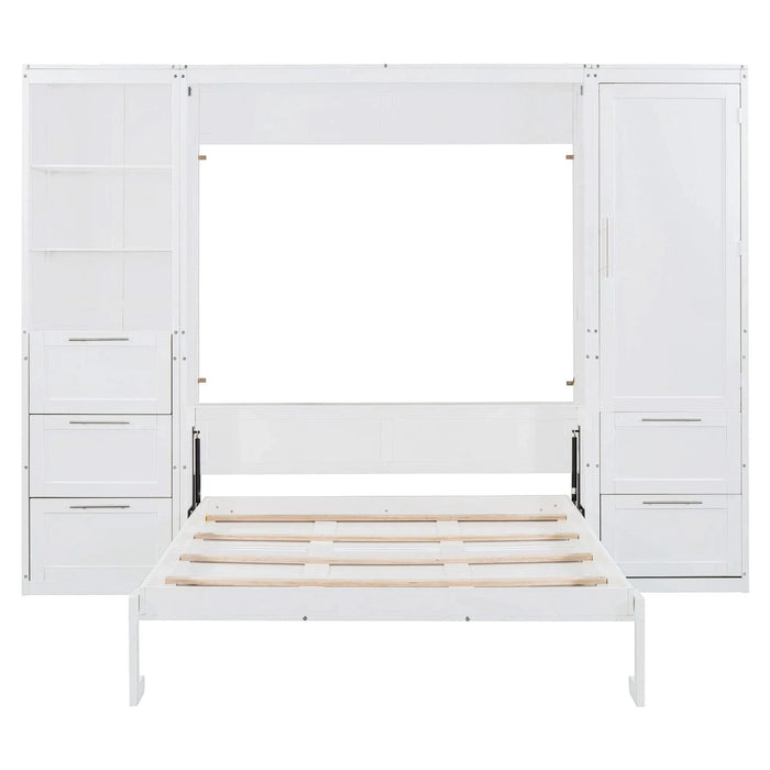 Queen Size Murphy Bed Wall Bed with Closet ,Drawers and Shelves,White Default -DTYStore