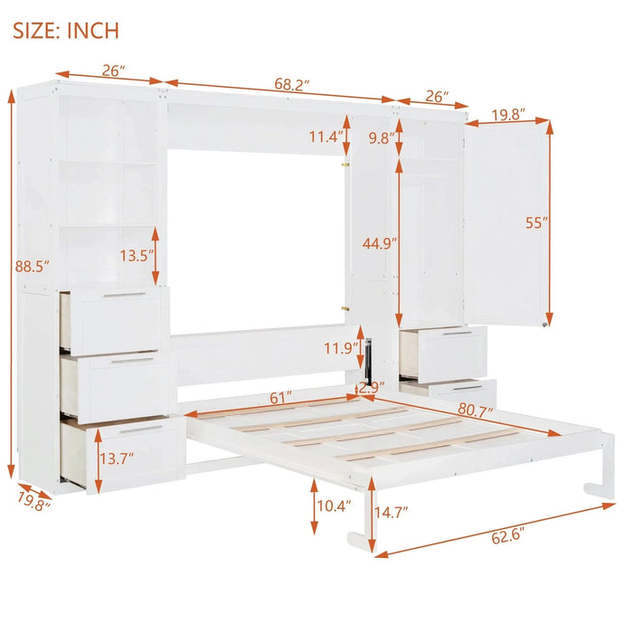 Queen Size Murphy Bed Wall Bed with Closet ,Drawers and Shelves,White Default -DTYStore