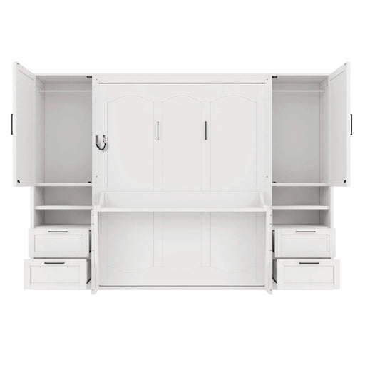 Queen Size Murphy Bed Wall Bed with Closet ,Drawers and Shelves,White Default -DTYStore