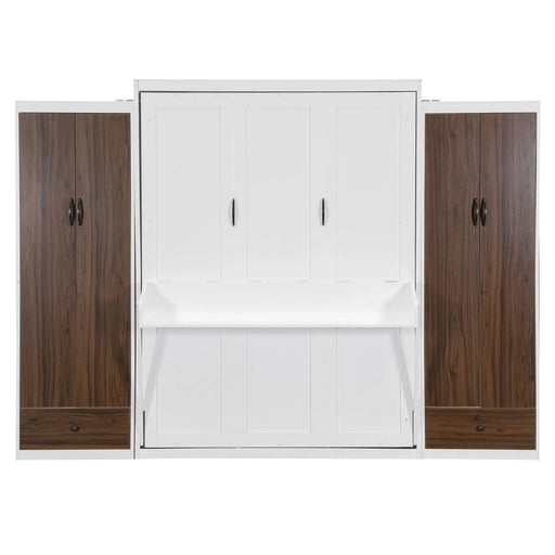 Queen Size Murphy Bed Wall Bed with Closet ,Drawers and Table,White Default -DTYStore