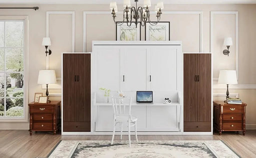 Queen Size Murphy Bed Wall Bed with Closet ,Drawers and Table,White Default -DTYStore