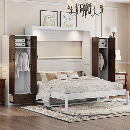 Queen Size Murphy Bed Wall Bed with Closet ,Drawers and Table,White Default -DTYStore