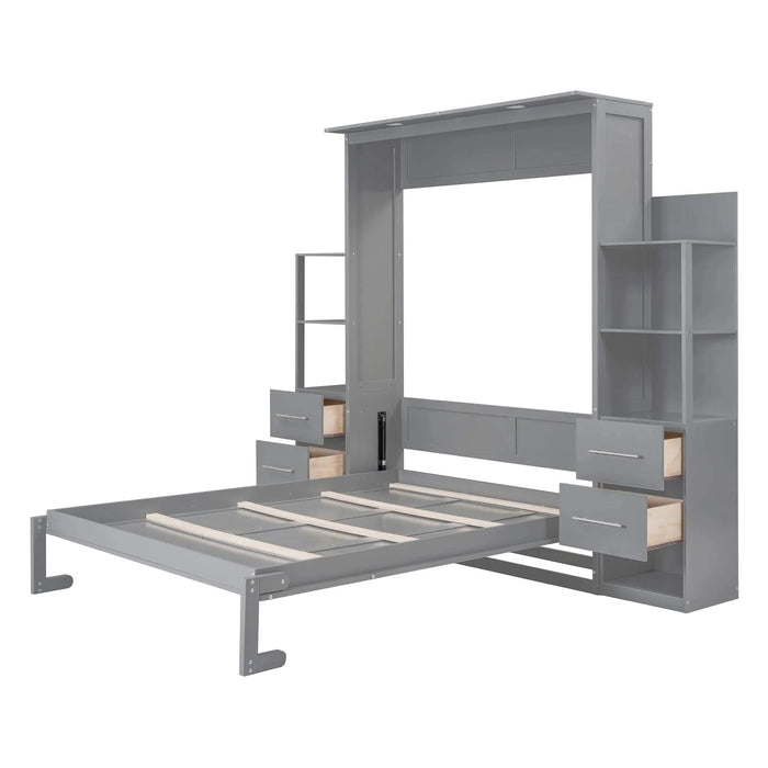 Queen Size Murphy Bed Wall Bed with Shelves, Drawers and LED Lights,Gray Default -DTYStore