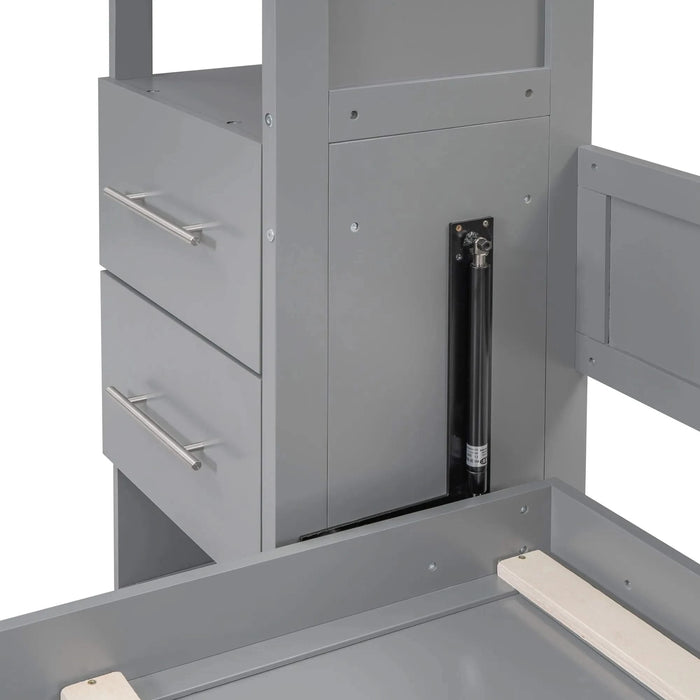 Queen Size Murphy Bed Wall Bed with Shelves, Drawers and LED Lights,Gray Default -DTYStore