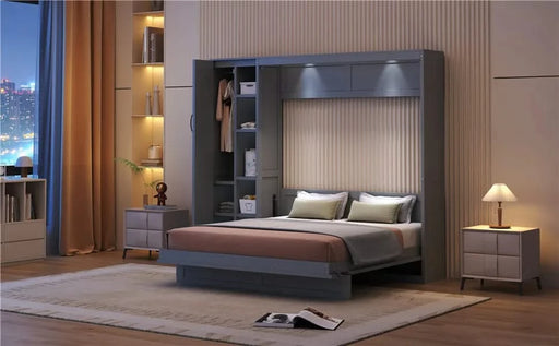 Queen Size Murphy Bed Wall Bed with Shelves, Wardrobe and LED Lights,Gray Default -DTYStore