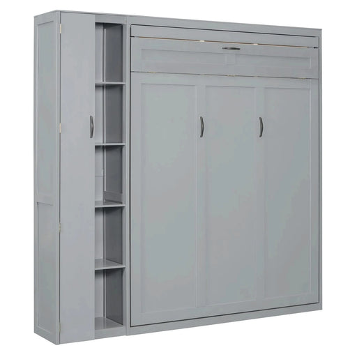 Queen Size Murphy Bed Wall Bed with Shelves, Wardrobe and LED Lights,Gray Default -DTYStore