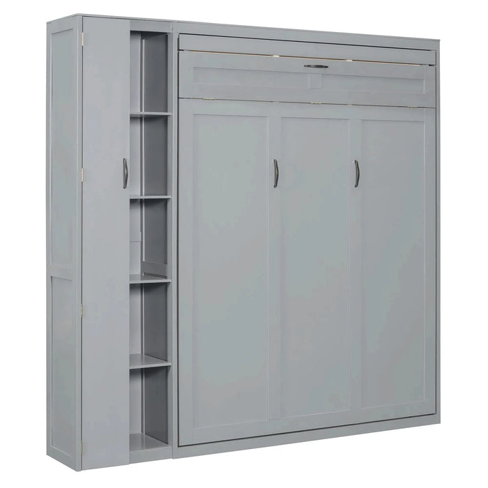 Queen Size Murphy Bed Wall Bed with Shelves, Wardrobe and LED Lights,Gray Default -DTYStore