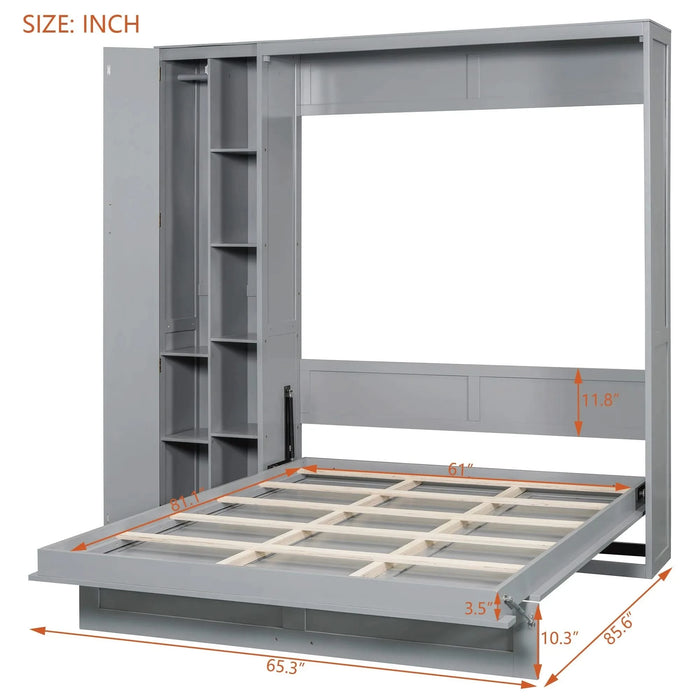 Queen Size Murphy Bed Wall Bed with Shelves, Wardrobe and LED Lights,Gray Default -DTYStore